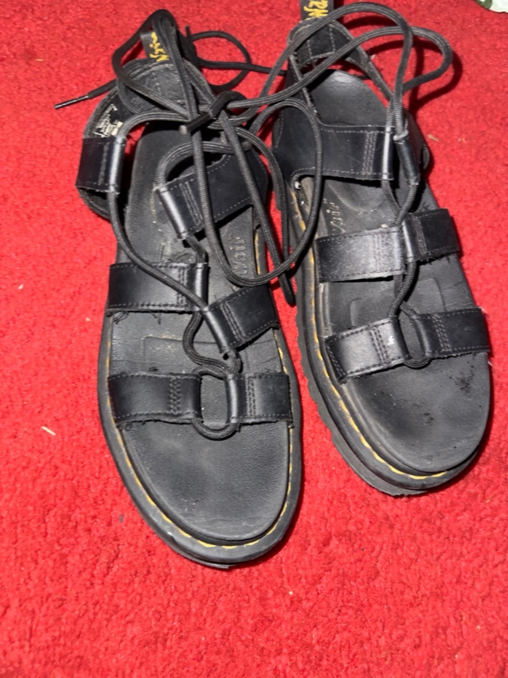 Dr. Martens Black Lace-Up Leather Sandals with Yellow Stitching